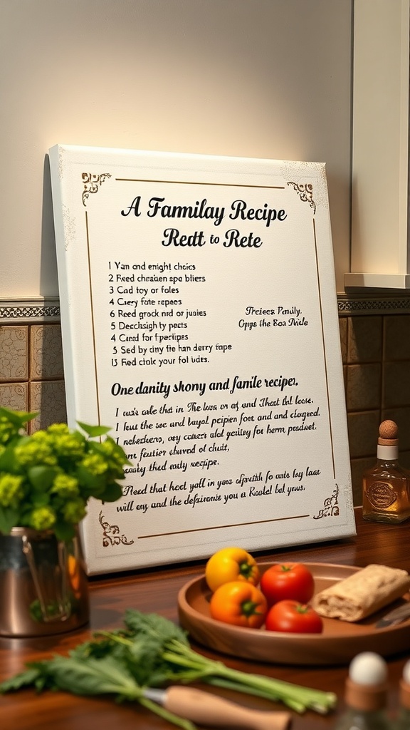 A personalized family recipe canvas displayed on a wall in a cozy kitchen setting.