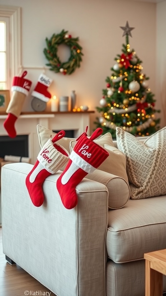 A cozy couch decorated with personalized family stockings for Christmas.
