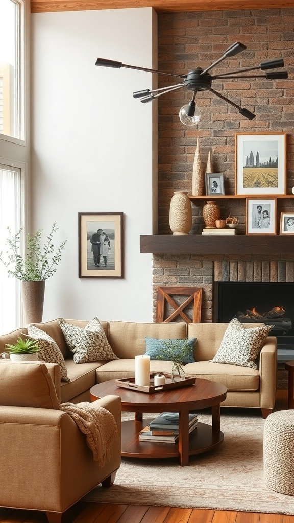 A modern rustic living room featuring cozy furniture, family photos, and natural decor.