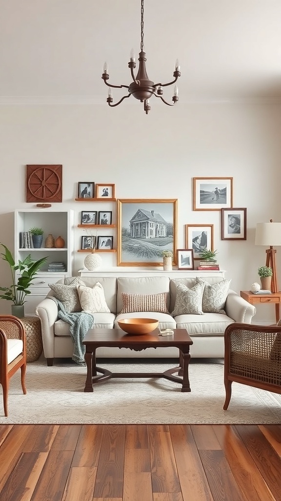 A cozy rustic French country living room with a comfortable sofa, framed family photos, and a wooden coffee table.
