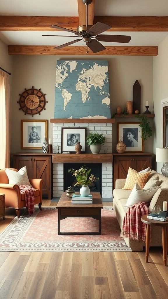 A cozy rustic farmhouse living room with wooden beams, family photos, and a world map painting.