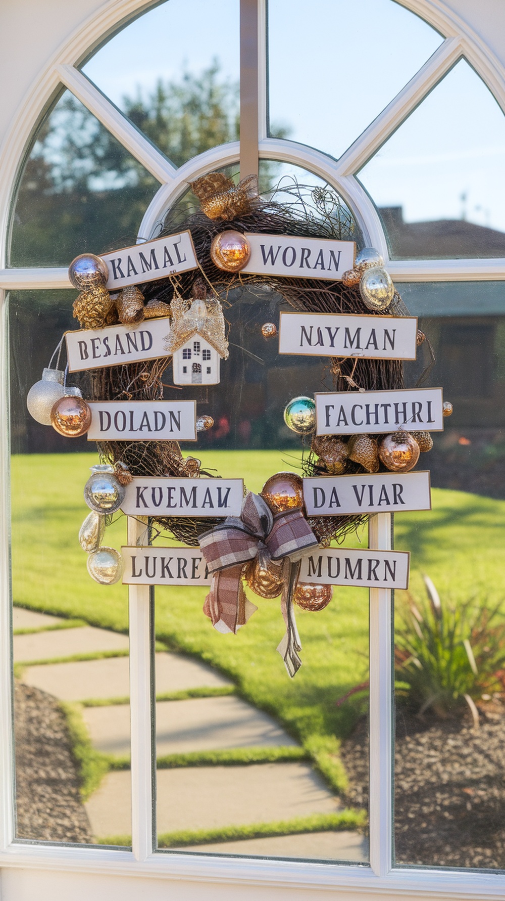 A personalized family wreath featuring name plaques and festive decorations.