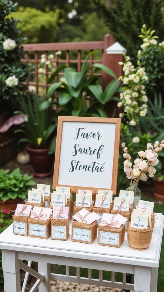 A personalized favor station with beautifully packaged favor boxes and a welcoming sign in a garden setting.