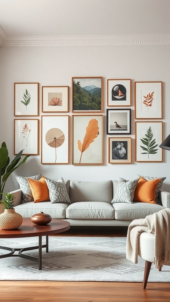 A cozy living room featuring a personalized gallery wall with framed artwork in earthy tones.