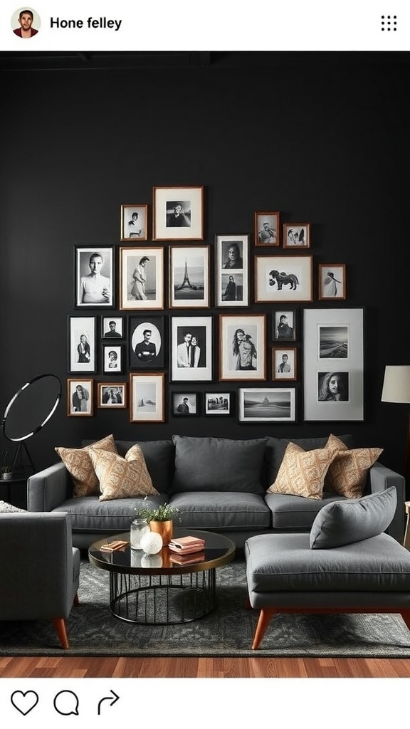 A cozy living room featuring a personalized gallery wall with various framed photos and art pieces against a dark wall.
