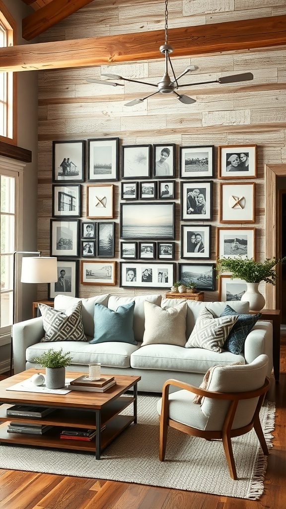 A cozy rustic living room with a gallery wall featuring a variety of framed photos and art, complemented by a comfortable sofa and wooden accents.