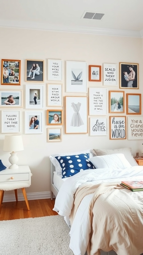 A personalized gallery wall with various framed photos and quotes in a teen bedroom.