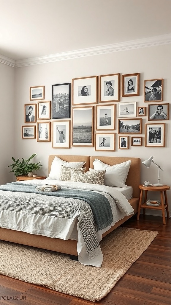 A modern bedroom with a gallery wall of framed black-and-white photographs.