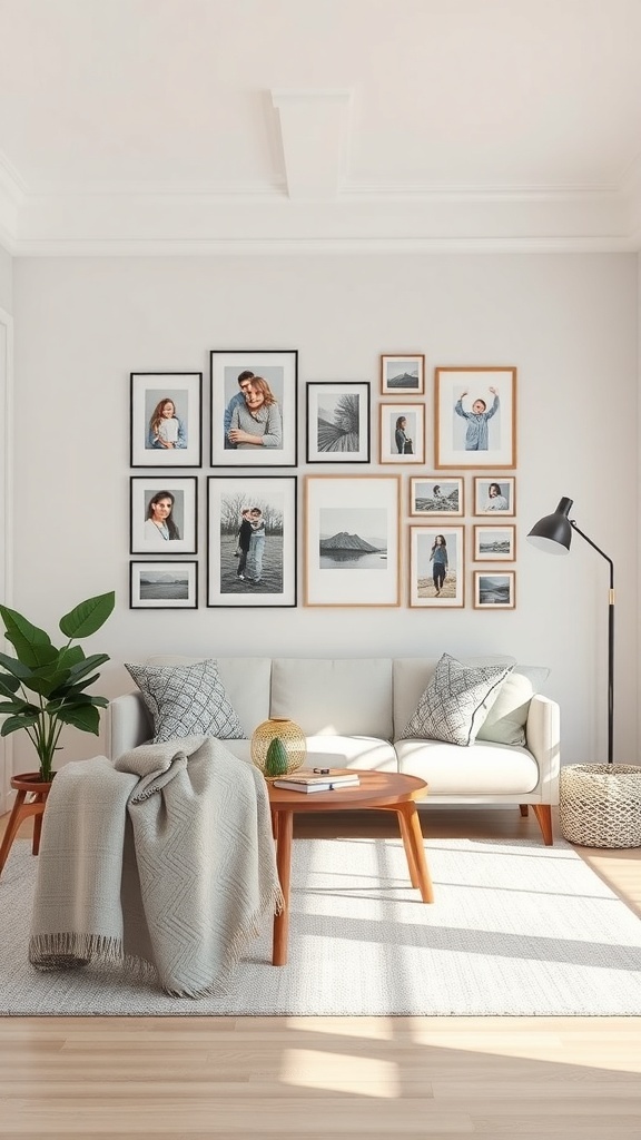 A cozy lounge room with a gallery wall of framed photos and art, showcasing a mix of styles and colors.
