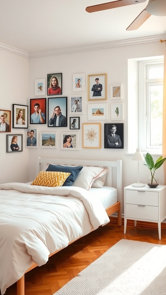 A cozy teen bedroom with a personalized gallery wall featuring various framed photos and artwork.