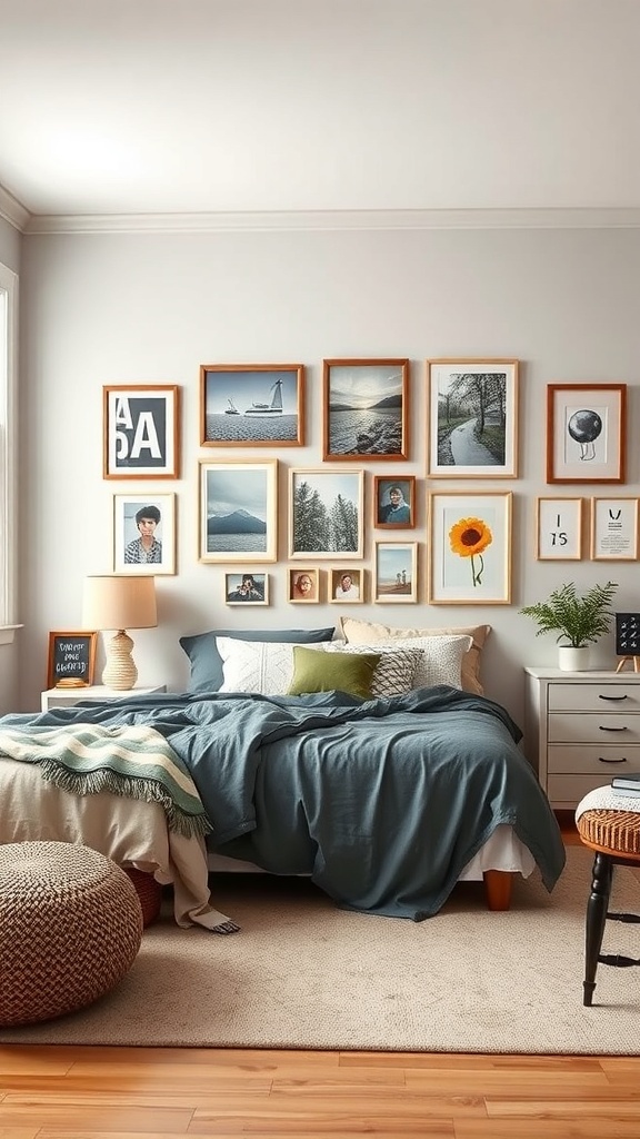 A cozy teen bedroom featuring a personalized gallery wall with framed photos and artwork.