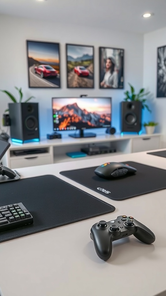 A stylish teen gaming bedroom setup with a monitor, speakers, keyboard, and personalized decor.