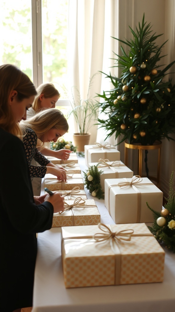 A group of people wrapping gifts at a personalized gift wrapping station with a decorated tree in the background
