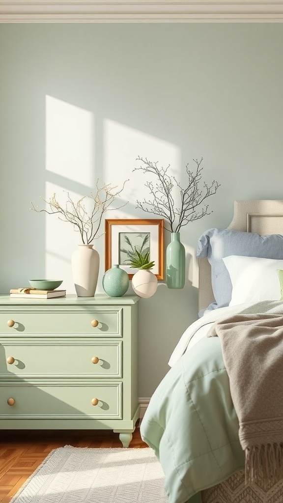 A light green bedroom featuring a dresser, vases, and framed artwork.
