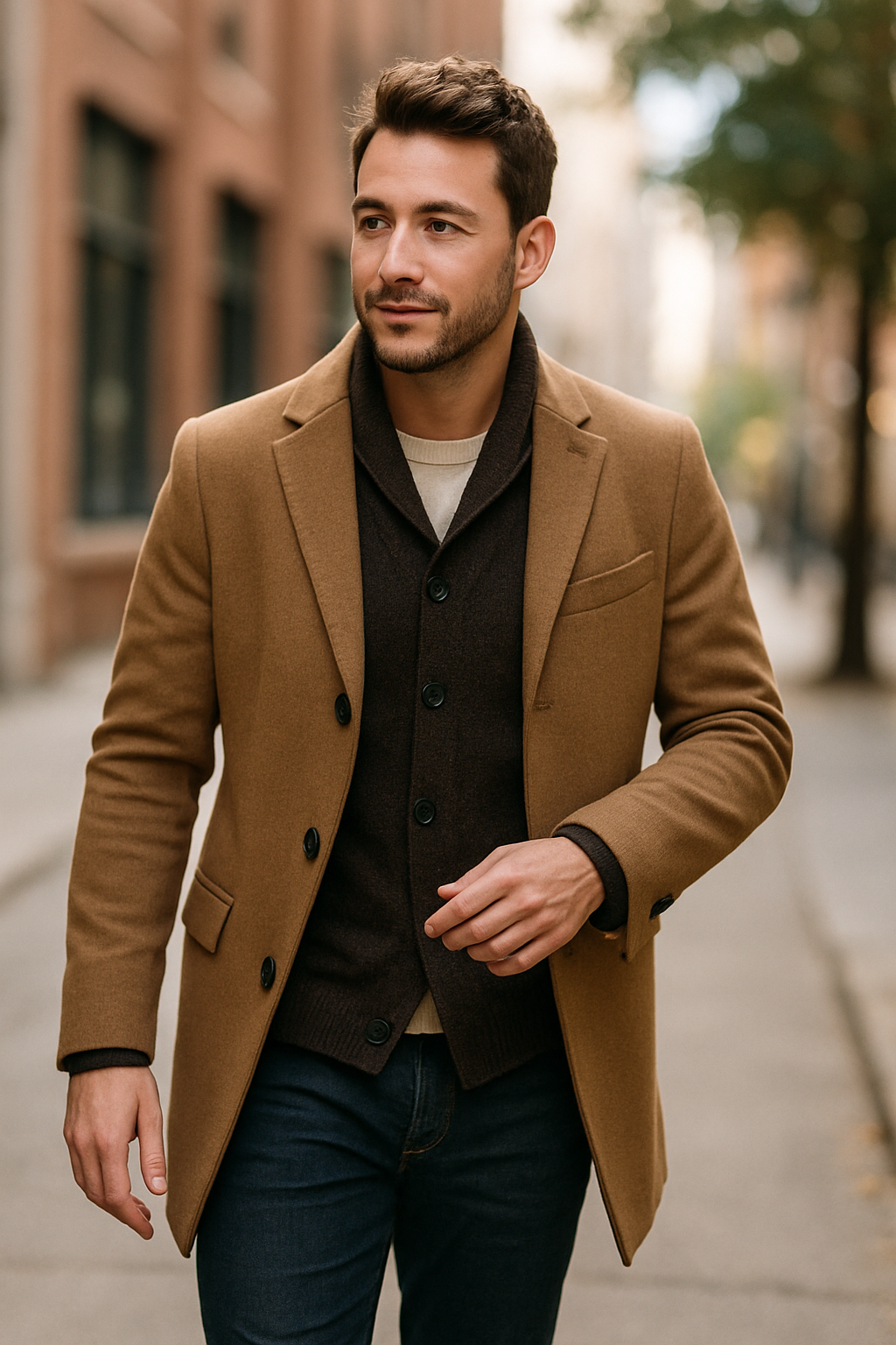 Stylish man in a brown coat walking confidently on a city street
