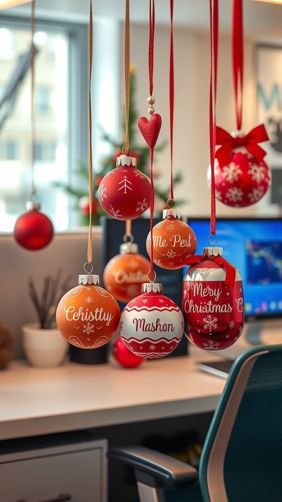 A variety of personalized holiday ornaments hanging in a cubicle, featuring names and festive designs.