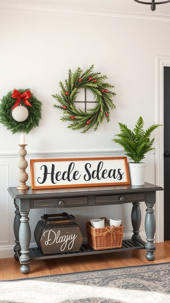A decorated entryway table with personalized holiday signage, wreaths, and decorative items.