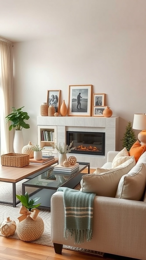 Cozy Christmas living room with a fireplace, framed photos, and festive decorations.