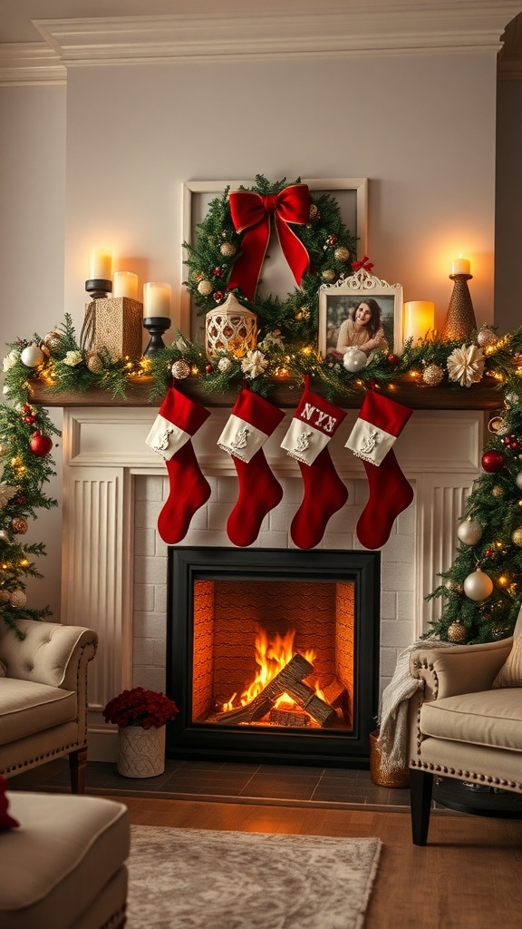 A cozy winter decor scene featuring a decorated mantel with stockings, a wreath, candles, and a framed photo.