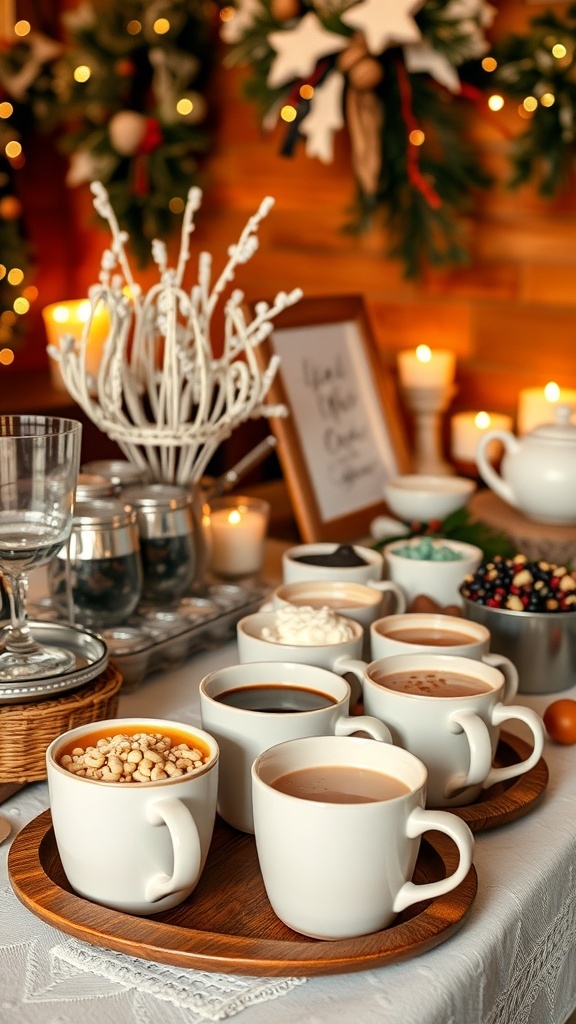 A cozy hot cocoa station with mugs and toppings for a winter wedding.