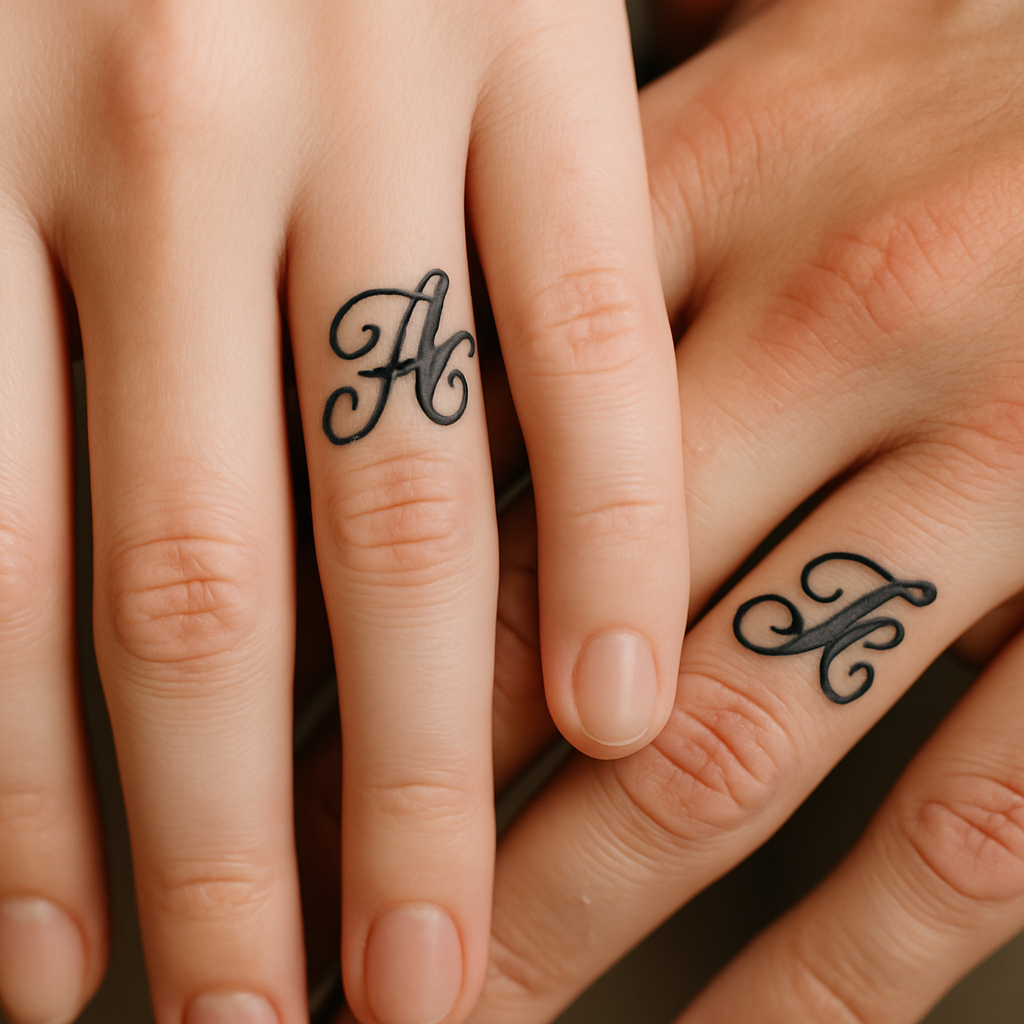 Two hands with wedding ring tattoos featuring personalized initials.