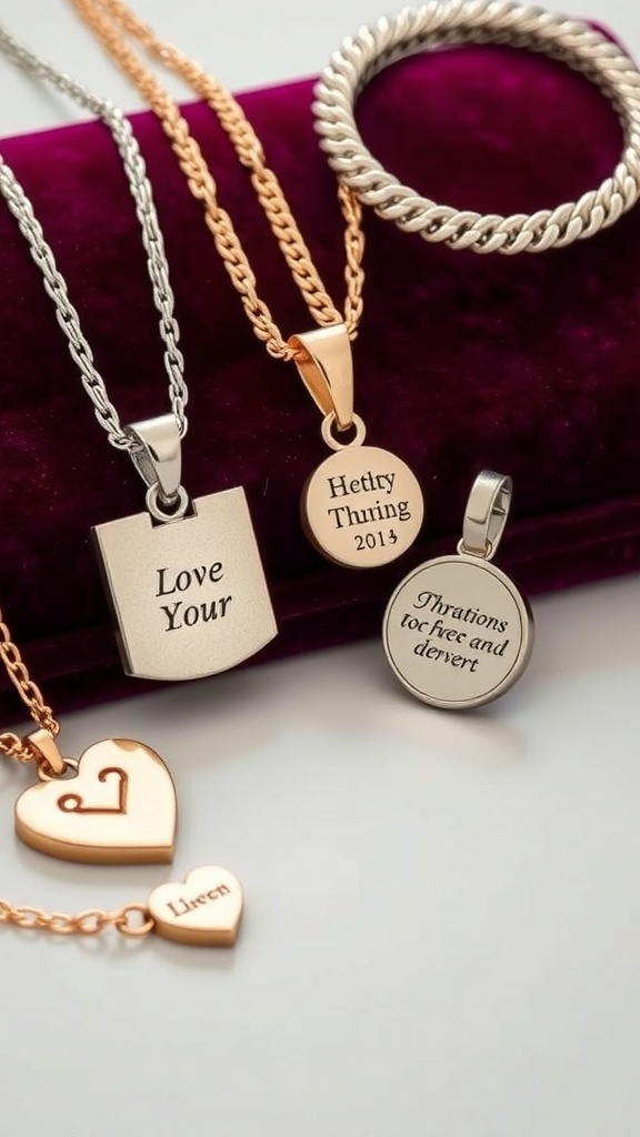 A variety of personalized jewelry including necklaces and bracelets, featuring engravings and heart designs.