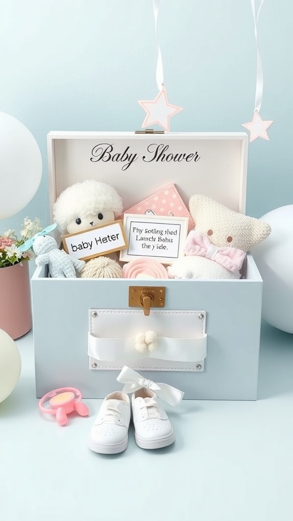 A personalized keepsake box for a baby shower filled with toys and baby shoes.