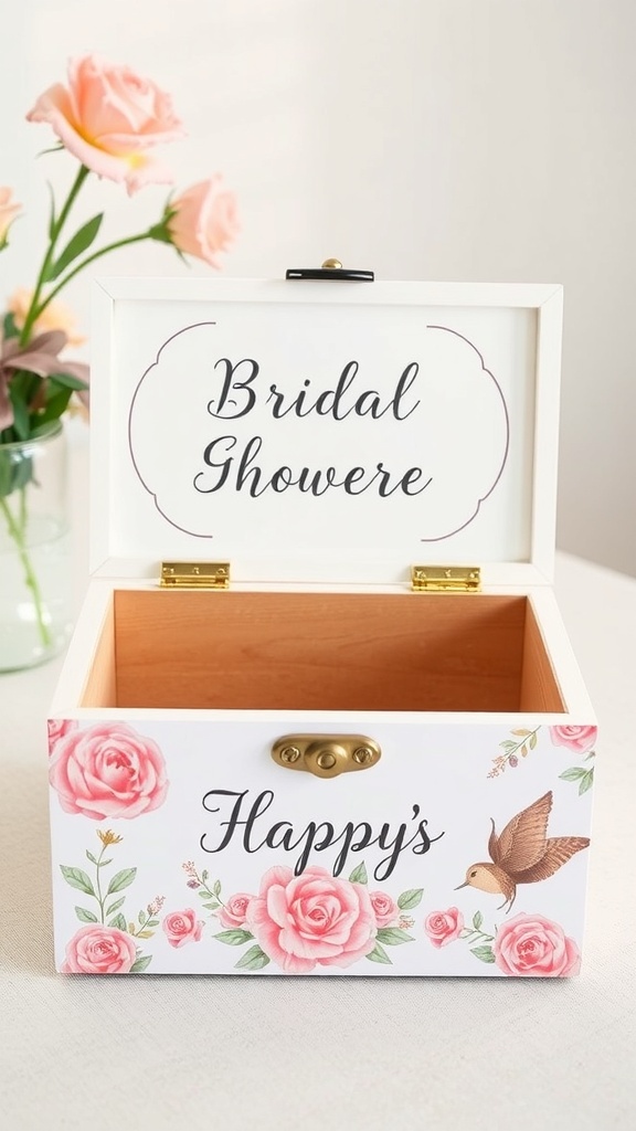A personalized keepsake box with floral designs for a bridal shower.