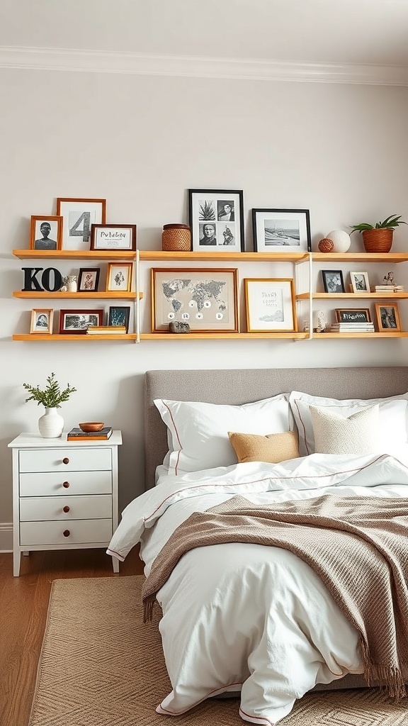 A warm bedroom featuring a bed with white bedding and a display of framed photos and art on wooden shelves.