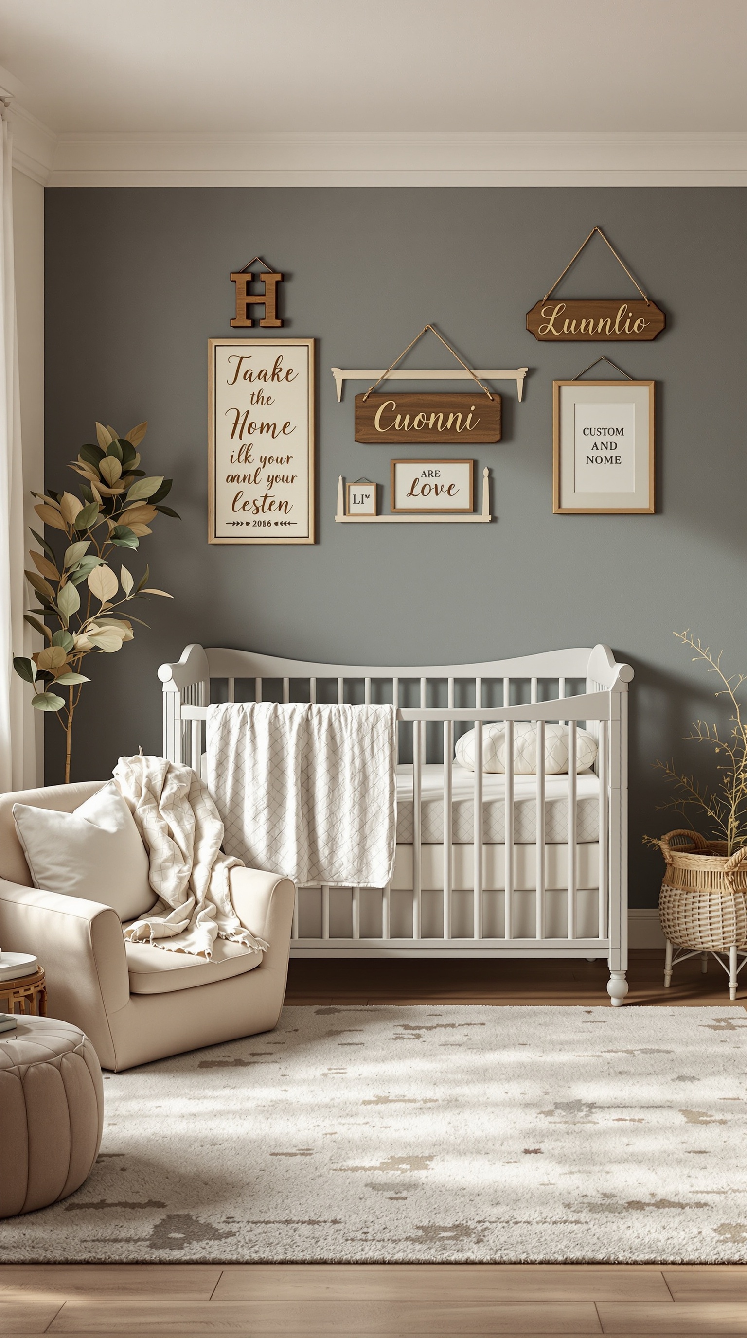 A vintage baby room with personalized wooden signs and a crib.