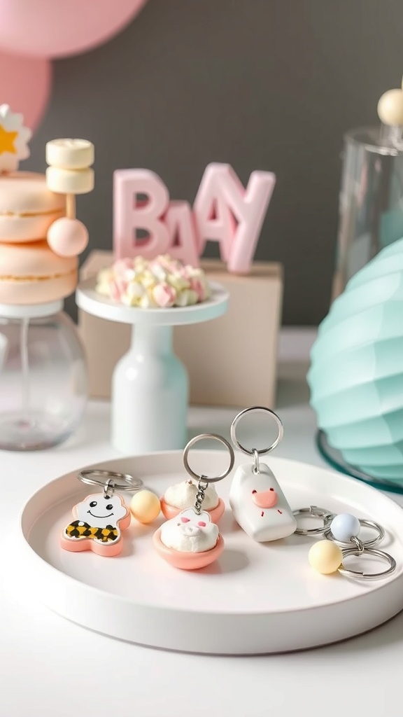 A collection of colorful personalized keychains on a plate, featuring cute designs like animals and playful shapes, set against a festive baby shower backdrop.