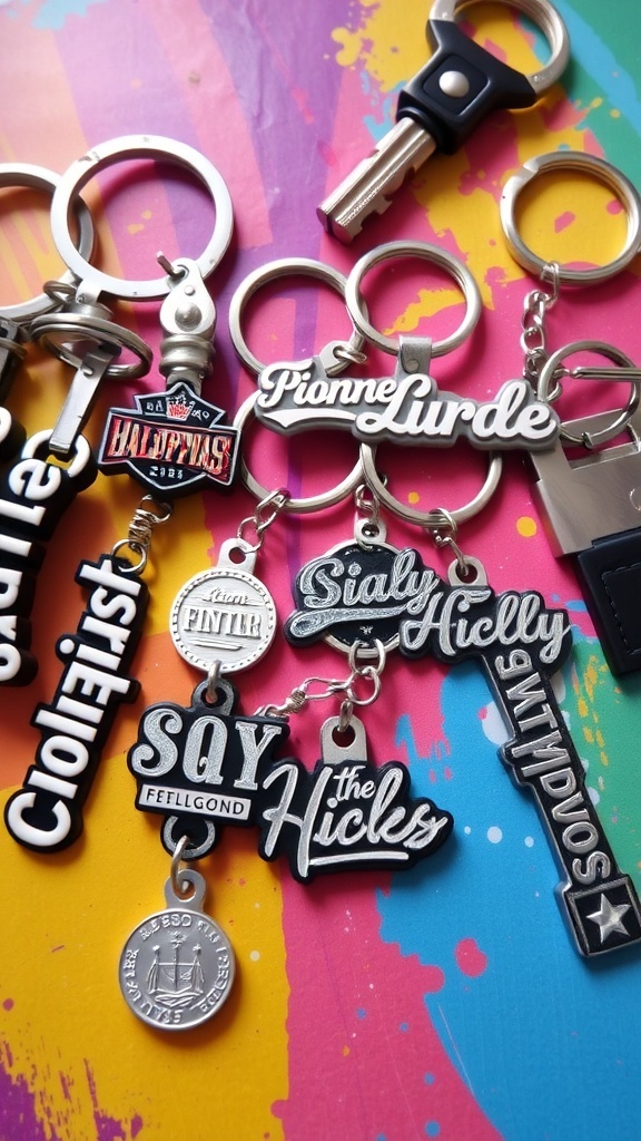 A colorful assortment of personalized keychains displayed on a bright background.