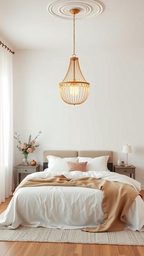 A cozy bedroom with a stylish pendant light hanging above the bed, creating a warm and inviting atmosphere.