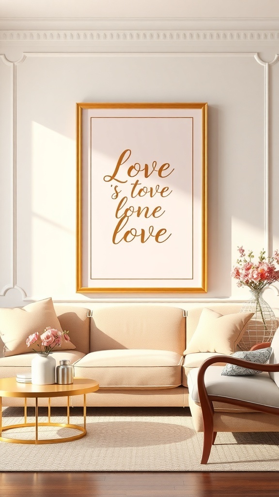 A cozy pink bedroom featuring a framed art piece with the words 'Love is love lone love' in a golden frame, surrounded by soft furniture and floral decor.