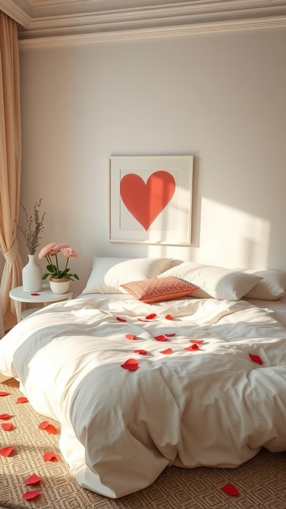 A cozy bedroom with a heart artwork, soft bedding, and rose petals scattered on the floor.