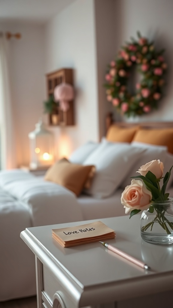 A cozy cottage bedroom featuring love notes on a bedside table, with roses in a vase and warm lighting.