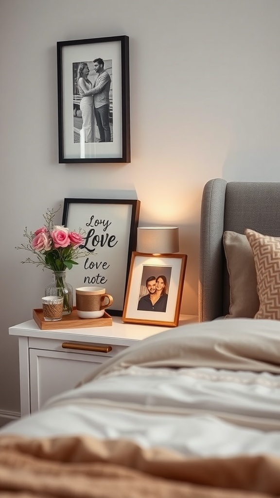 A cozy bedroom with a framed love note, flowers, and personal photos on a bedside table.