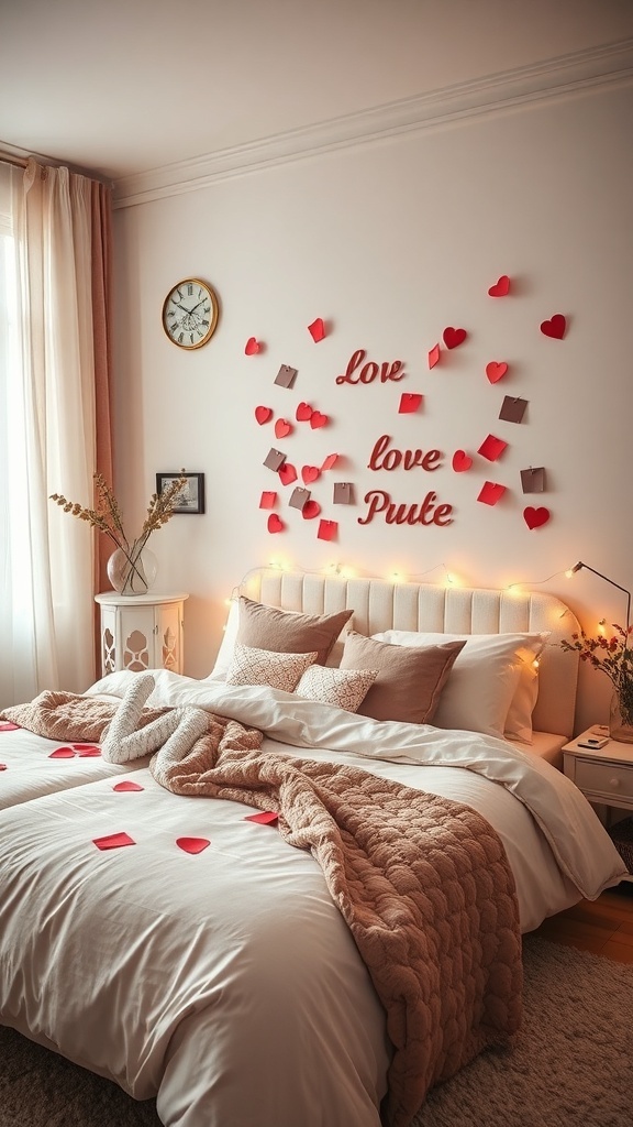 A cozy bedroom with love notes and heart decorations on the wall.