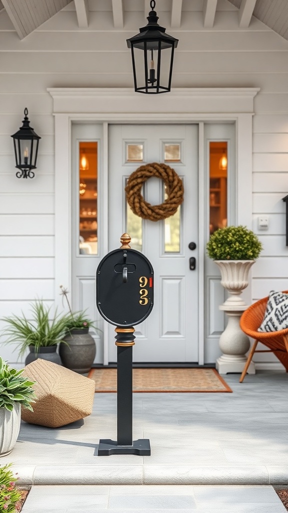 A stylish black mailbox with wooden accents and bold numbers, placed in front of a welcoming porch.