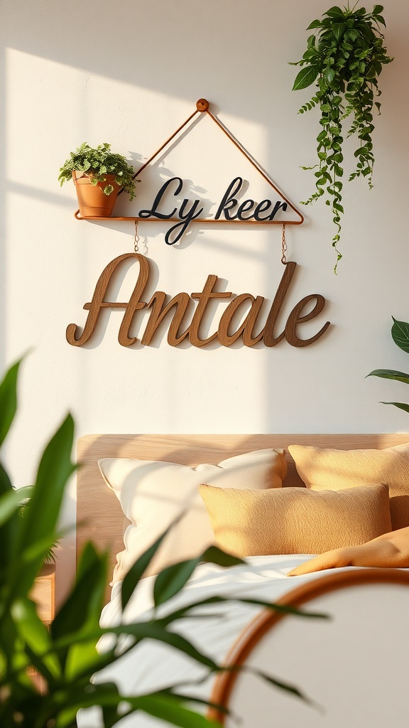 Personalized metal name sign displaying 'Antale' with a potted plant above it.