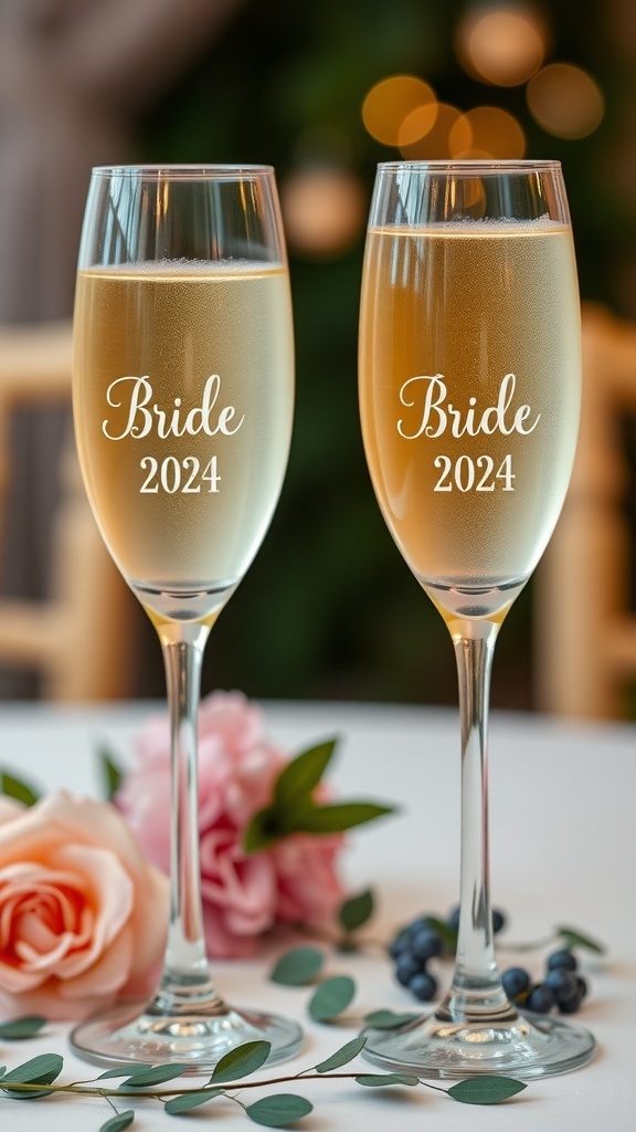 Two personalized mimosa glasses with 'Bride 2024' etched on them, surrounded by flowers and greenery.