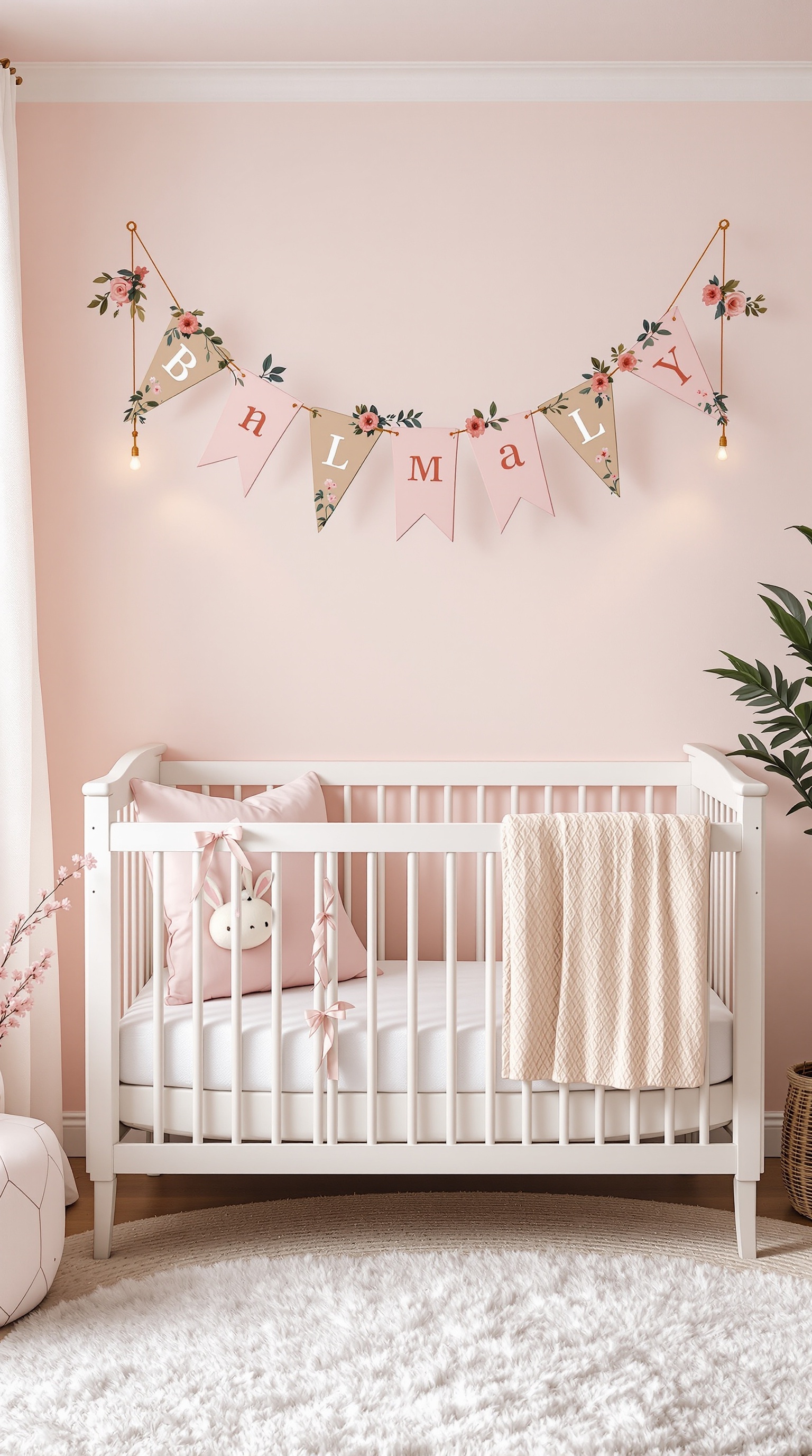 Personalized name banner in a baby girl's nursery room