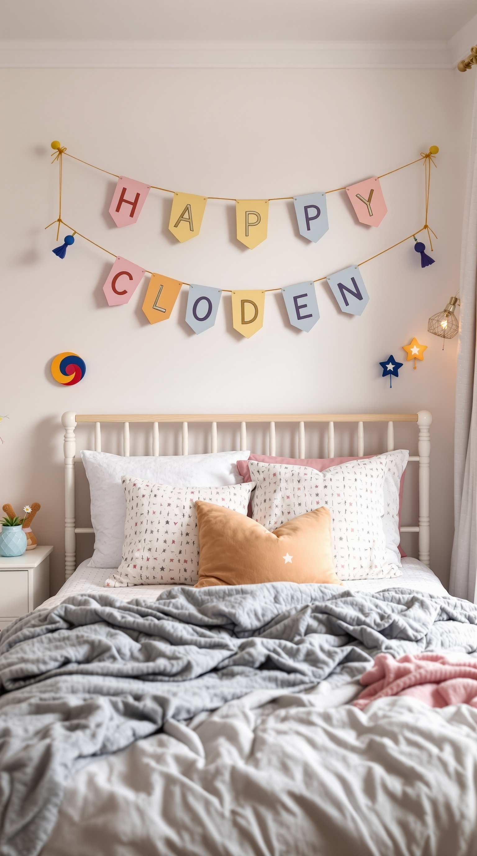 Colorful personalized name banner saying 'HAPPY CLODEN' in a kids room