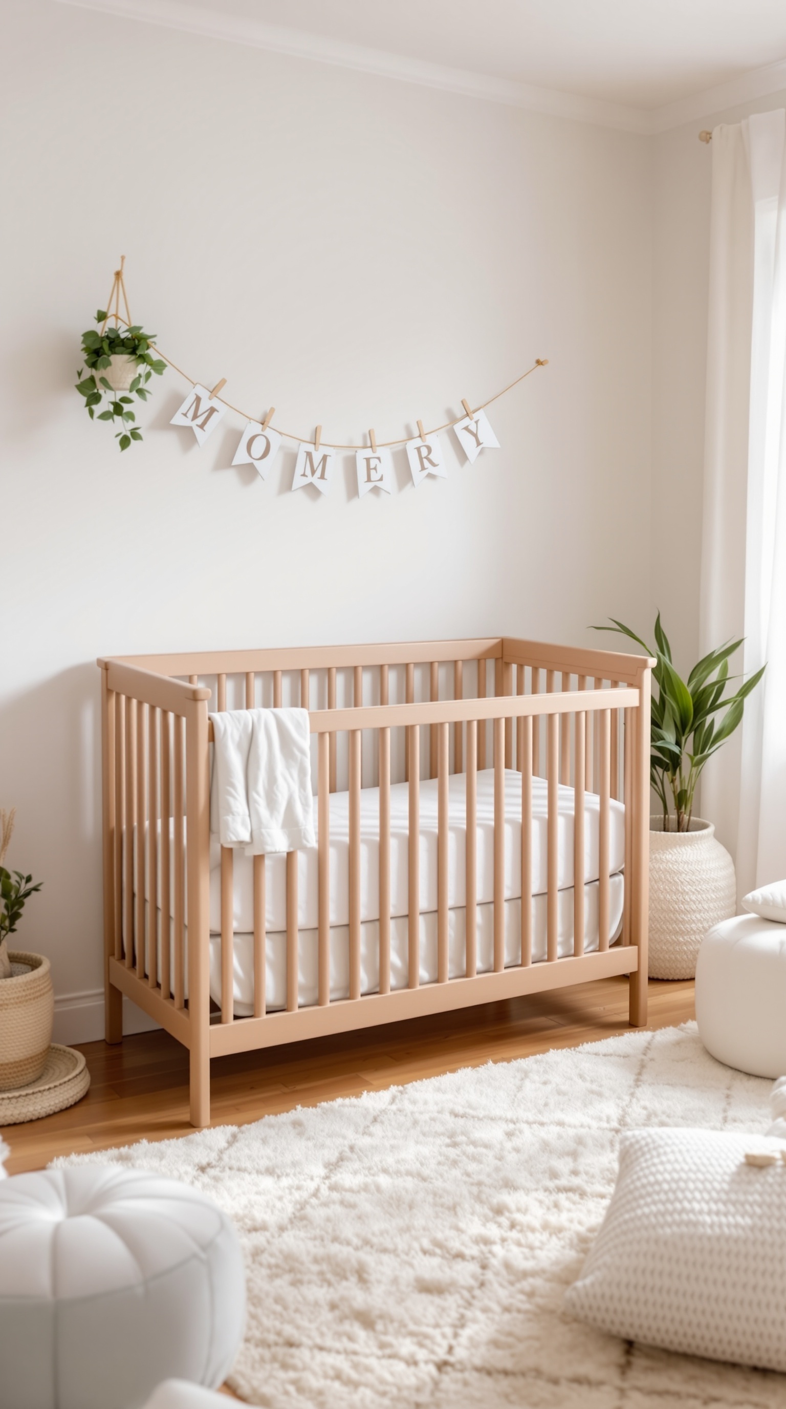 A personalized name banner hanging above a crib in a baby room