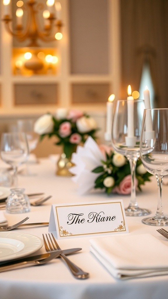 Elegant bridal shower personalized name card on a beautifully set table