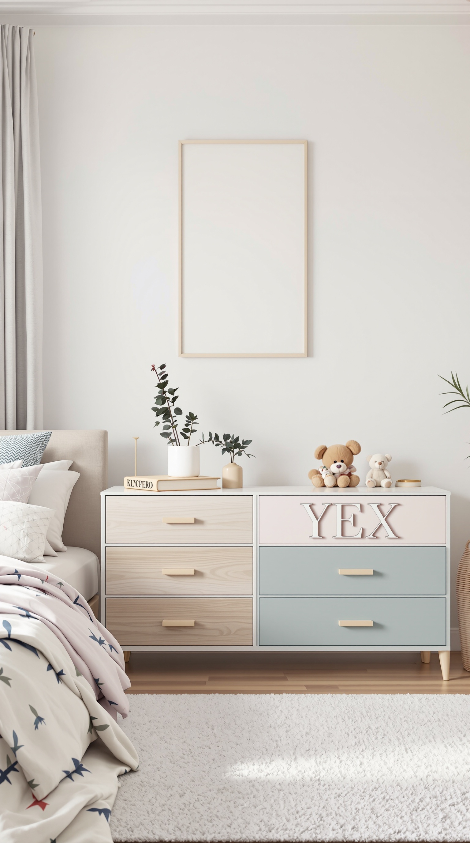 A stylish dresser in a kids' bedroom featuring personalized name decor and soft colors.