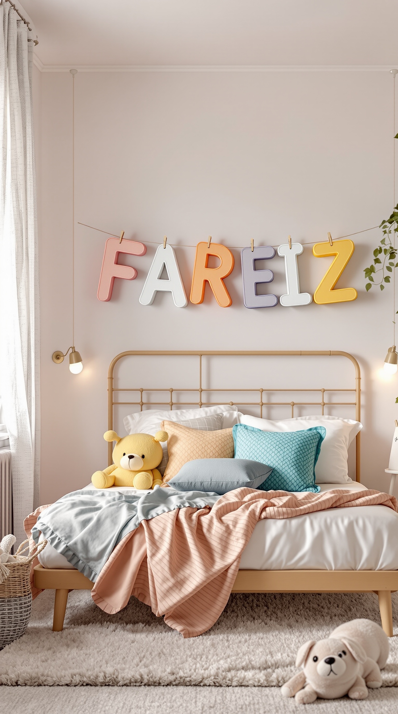 A child's room with personalized name decor spelling 'FAREIZ' in colorful letters above a bed.