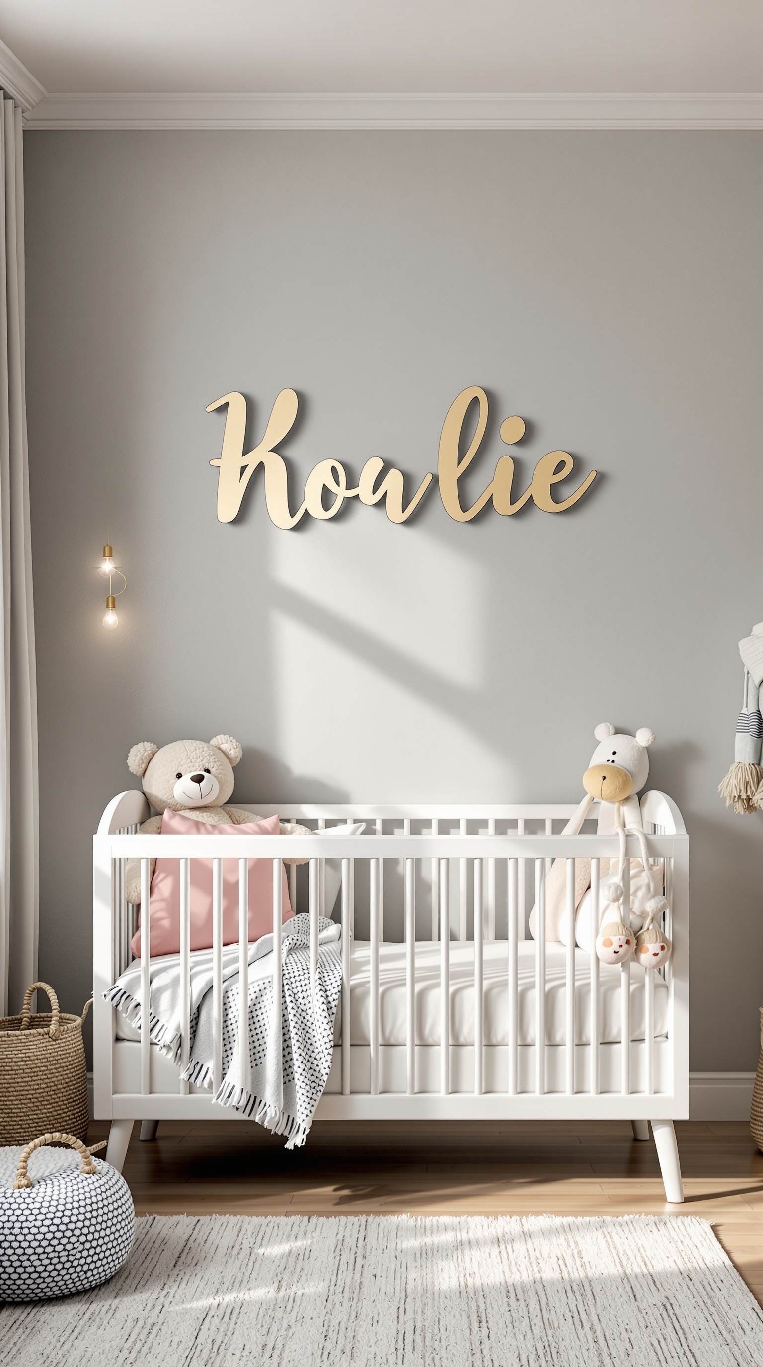 A toddler room featuring a wooden name sign 'Koulie' on a gray wall, with a crib and soft toys.