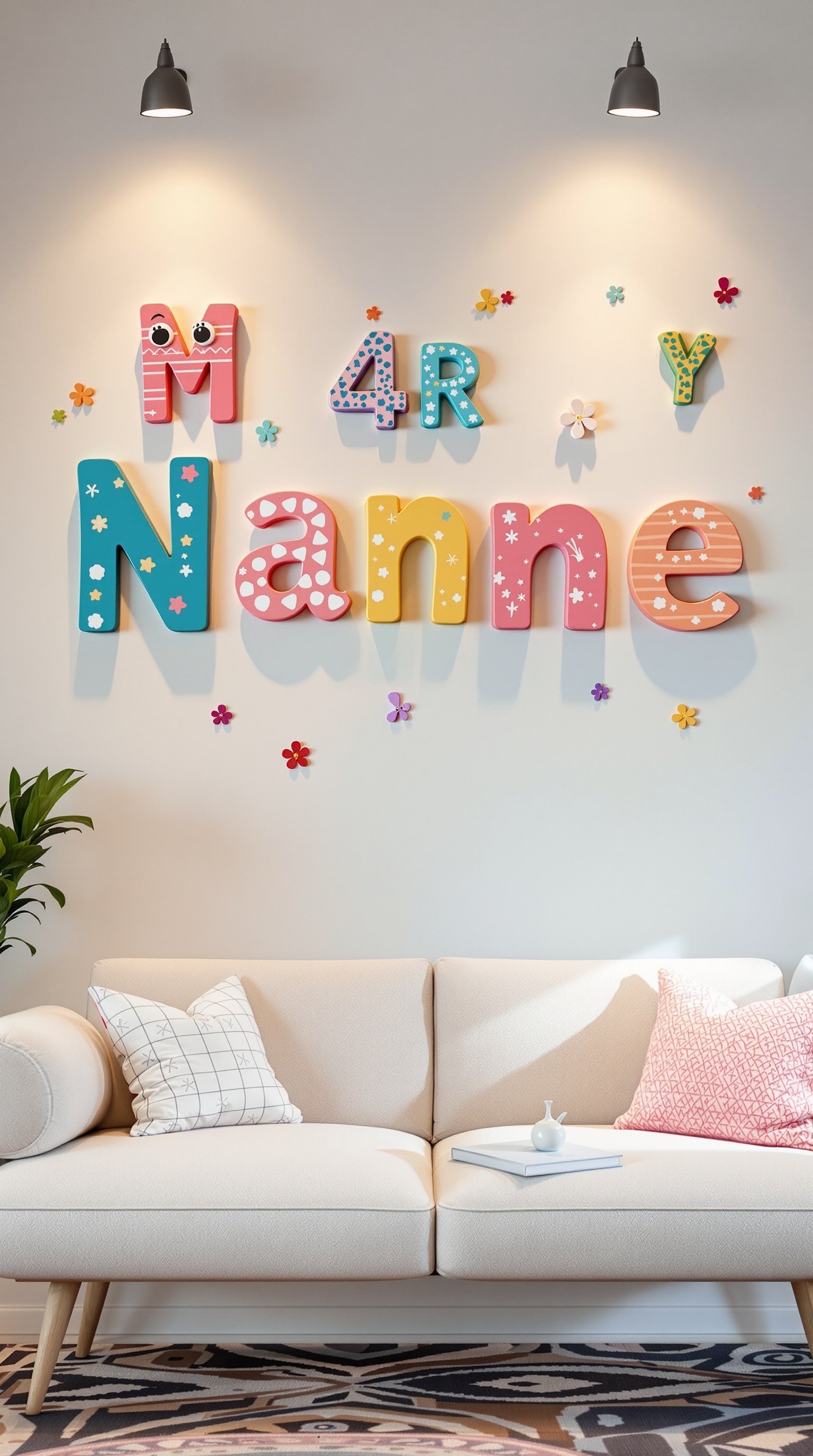 Colorful personalized name decor on a wall, featuring letters and flowers