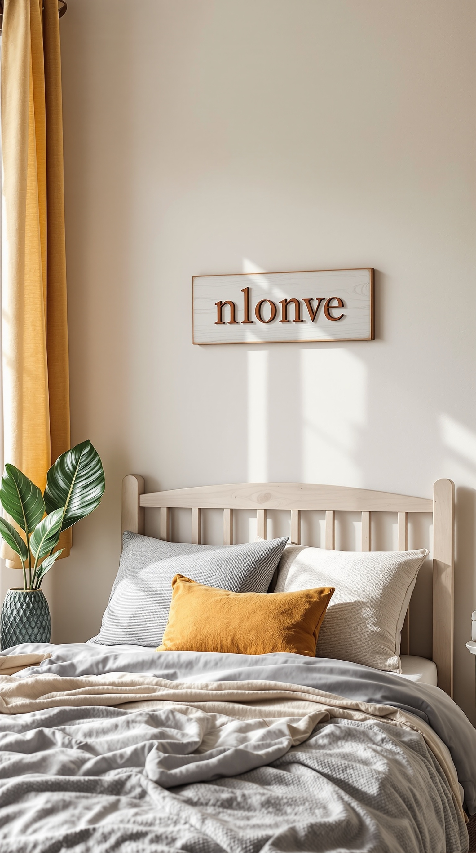 A toddler bedroom featuring a wooden name sign above the bed, with cozy bedding and a plant.